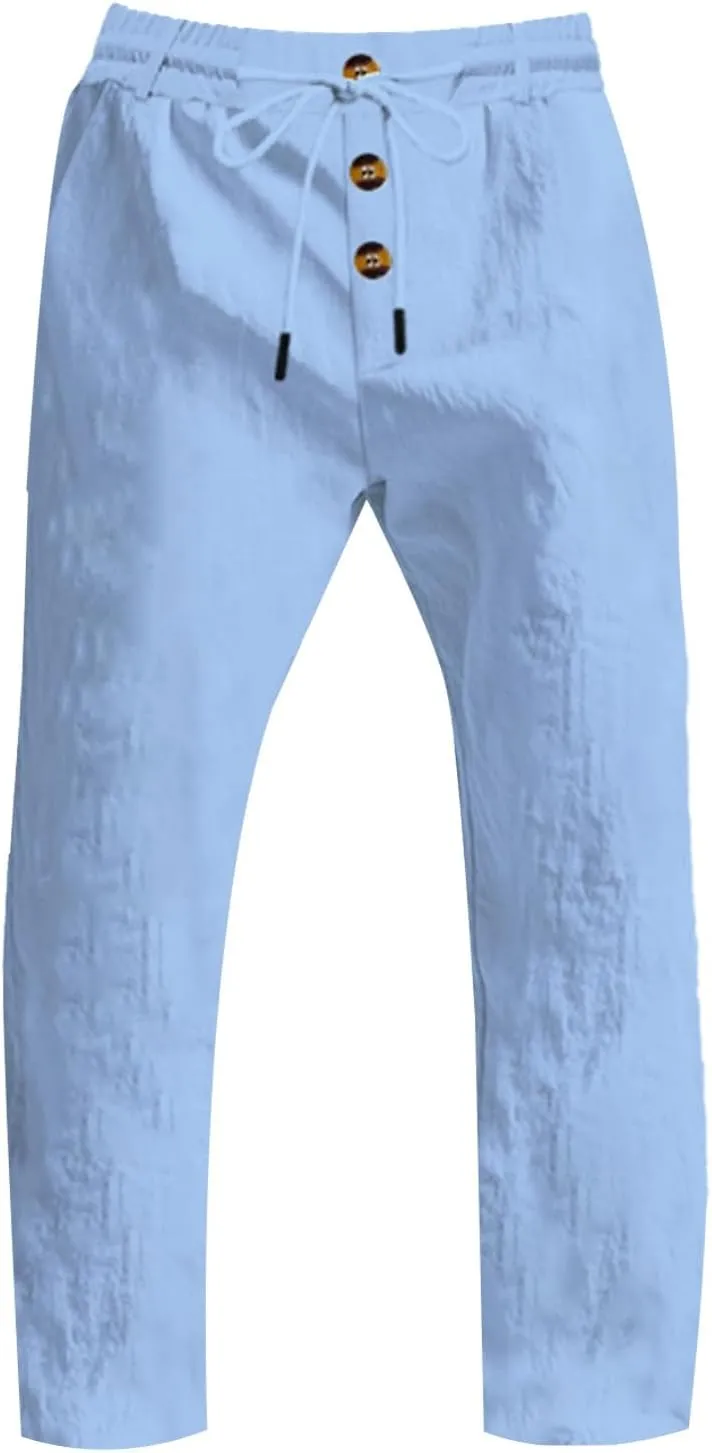 Mens Pants Casual Linen Drawstring Elastic Waist Loose Fit Casual Pants Lightweight Straight Leg Beach Yoga Trousers
