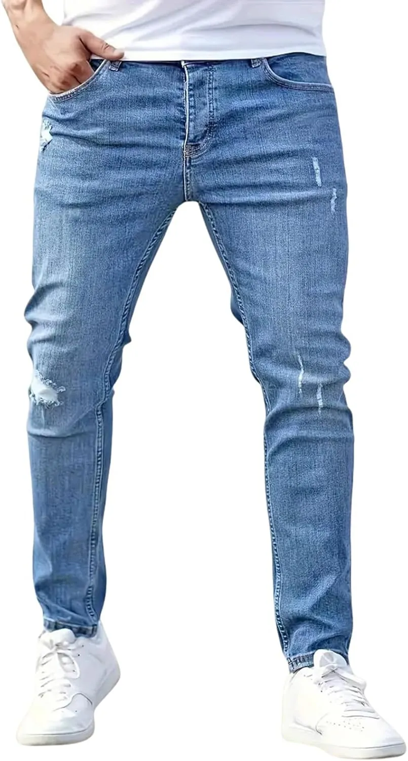 Men's Ripped Skinny Jeans Casual Denim Stretch Tapered Pants Classic Distressed Destroyed Denim Pants with Pockets