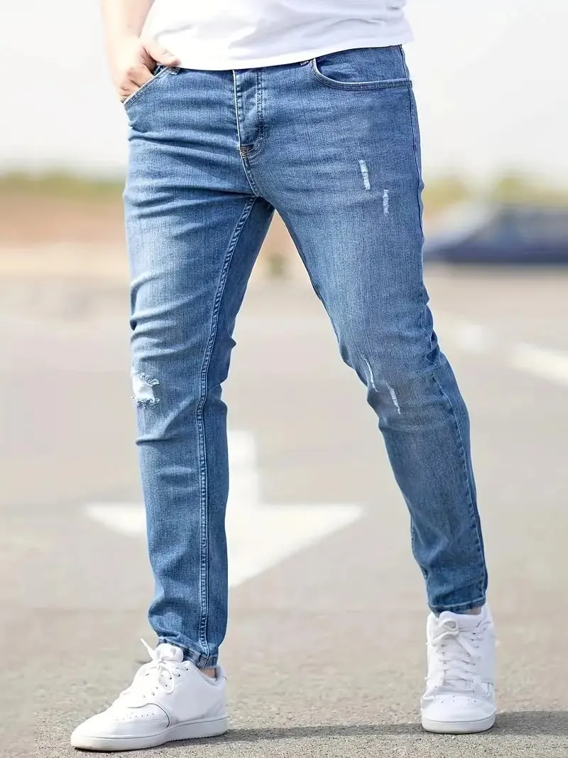 Men's Ripped Skinny Jeans Casual Denim Stretch Tapered Pants Classic Distressed Destroyed Denim Pants with Pockets