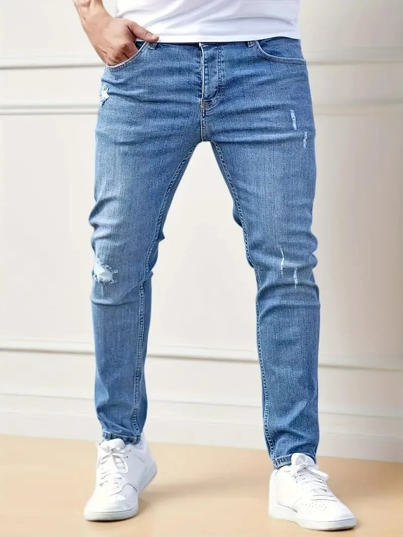 Men's Ripped Skinny Jeans Casual Denim Stretch Tapered Pants Classic Distressed Destroyed Denim Pants with Pockets