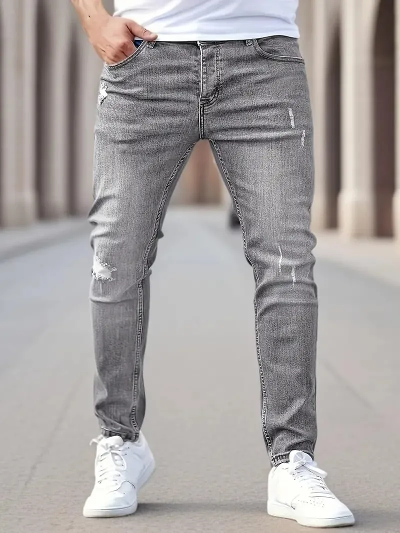 Men's Ripped Skinny Jeans Casual Denim Stretch Tapered Pants Classic Distressed Destroyed Denim Pants with Pockets
