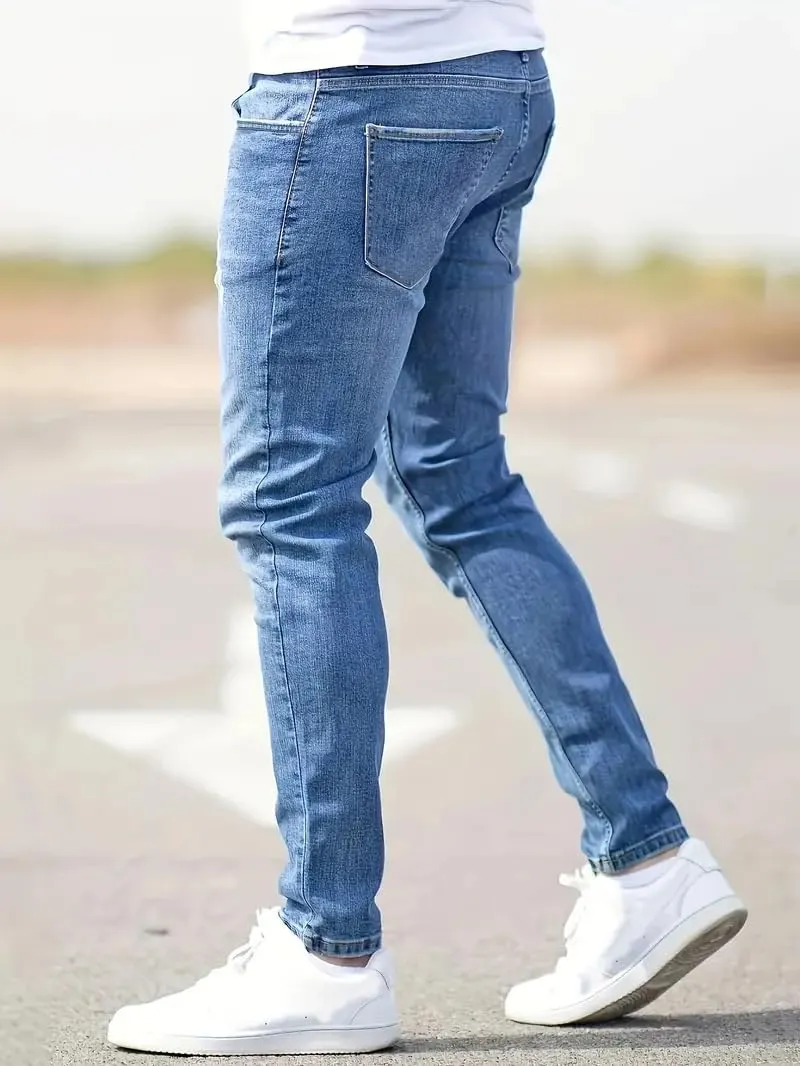 Men's Ripped Skinny Jeans Casual Denim Stretch Tapered Pants Classic Distressed Destroyed Denim Pants with Pockets