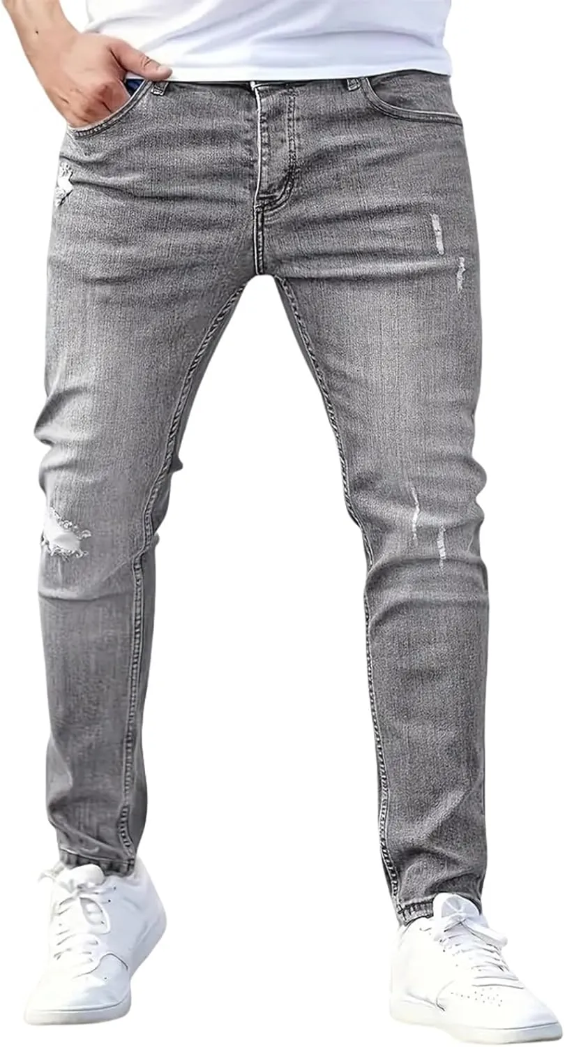 Men's Ripped Skinny Jeans Casual Denim Stretch Tapered Pants Classic Distressed Destroyed Denim Pants with Pockets