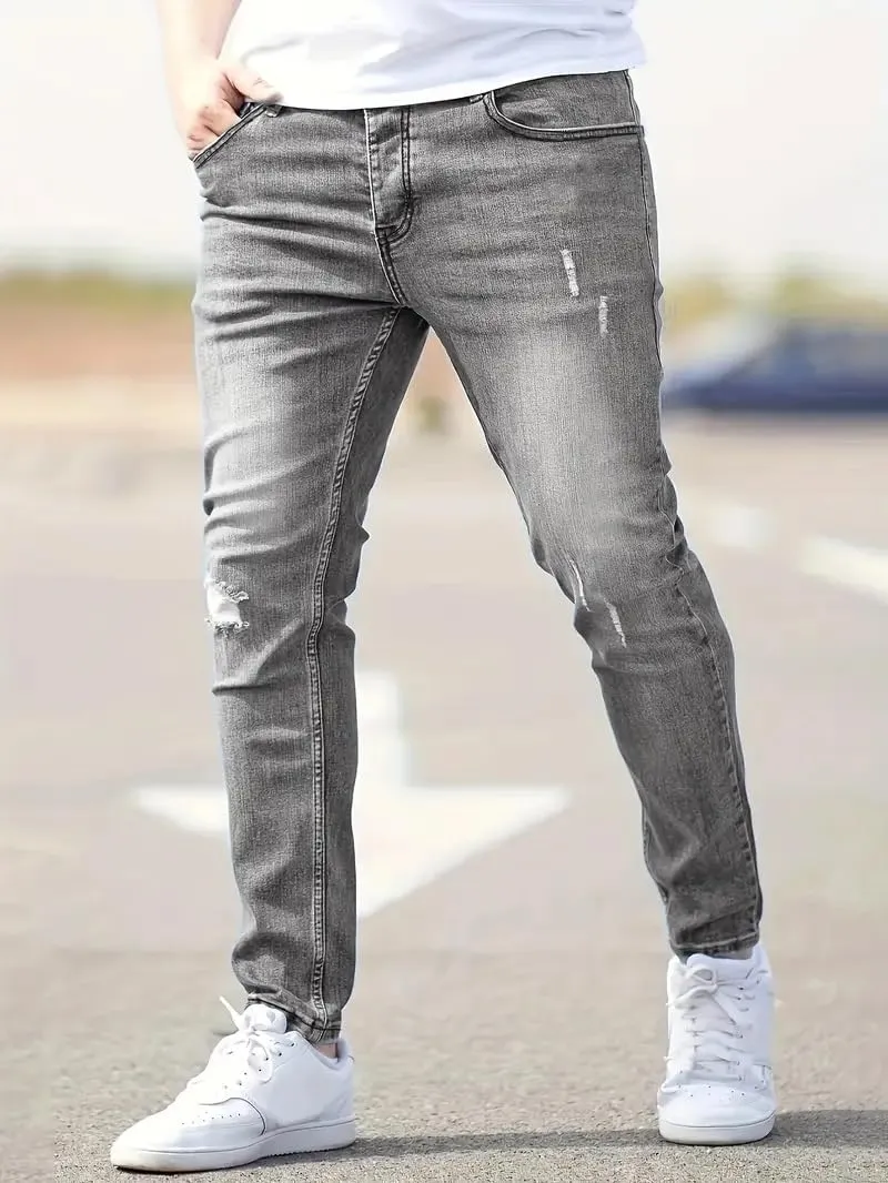 Men's Ripped Skinny Jeans Casual Denim Stretch Tapered Pants Classic Distressed Destroyed Denim Pants with Pockets