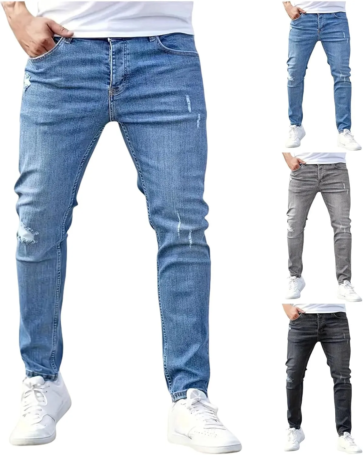 Men's Ripped Skinny Jeans Casual Denim Stretch Tapered Pants Classic Distressed Destroyed Denim Pants with Pockets