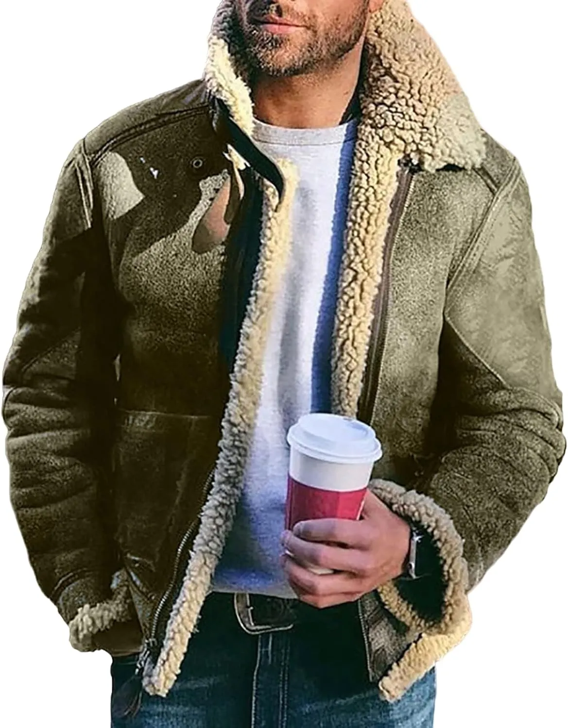Men's Sherpa Fleece Lined Bomber Coat Faux Leather Jackets Heavyweight Suede Faux Fur Trench Coat for Men
