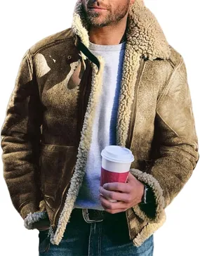 Men's Sherpa Fleece Lined Bomber Coat Faux Leather Jackets Heavyweight Suede Faux Fur Trench Coat for Men
