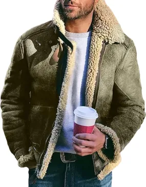 Men's Sherpa Fleece Lined Bomber Coat Faux Leather Jackets Heavyweight Suede Faux Fur Trench Coat for Men
