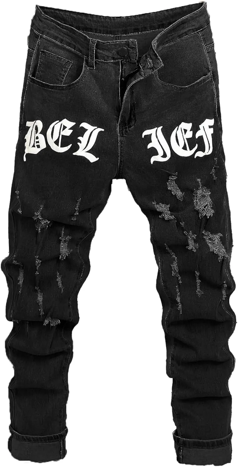 Mens Womens Lightweight Slim Fit Stretch Ripped Jeans Summer Spring Distressed Destroyed Denim Pan Skinny Jeans