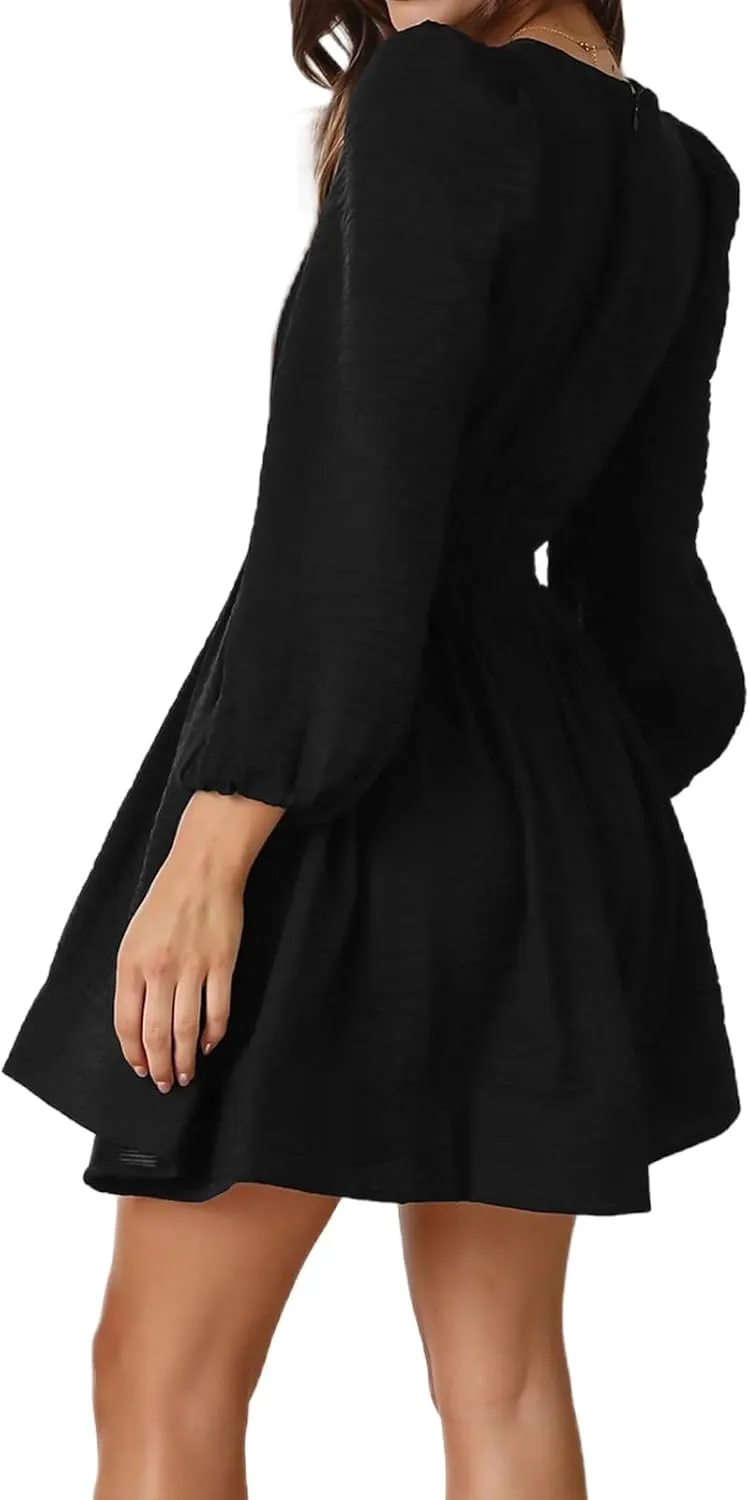Mini Dresses for Women Summer Sexy V Neck Dress Long Sleeve A-line Dress Casual Elastic High Waisted Flowy Sunndress