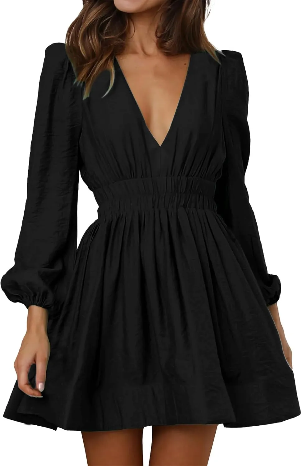 Mini Dresses for Women Summer Sexy V Neck Dress Long Sleeve A-line Dress Casual Elastic High Waisted Flowy Sunndress