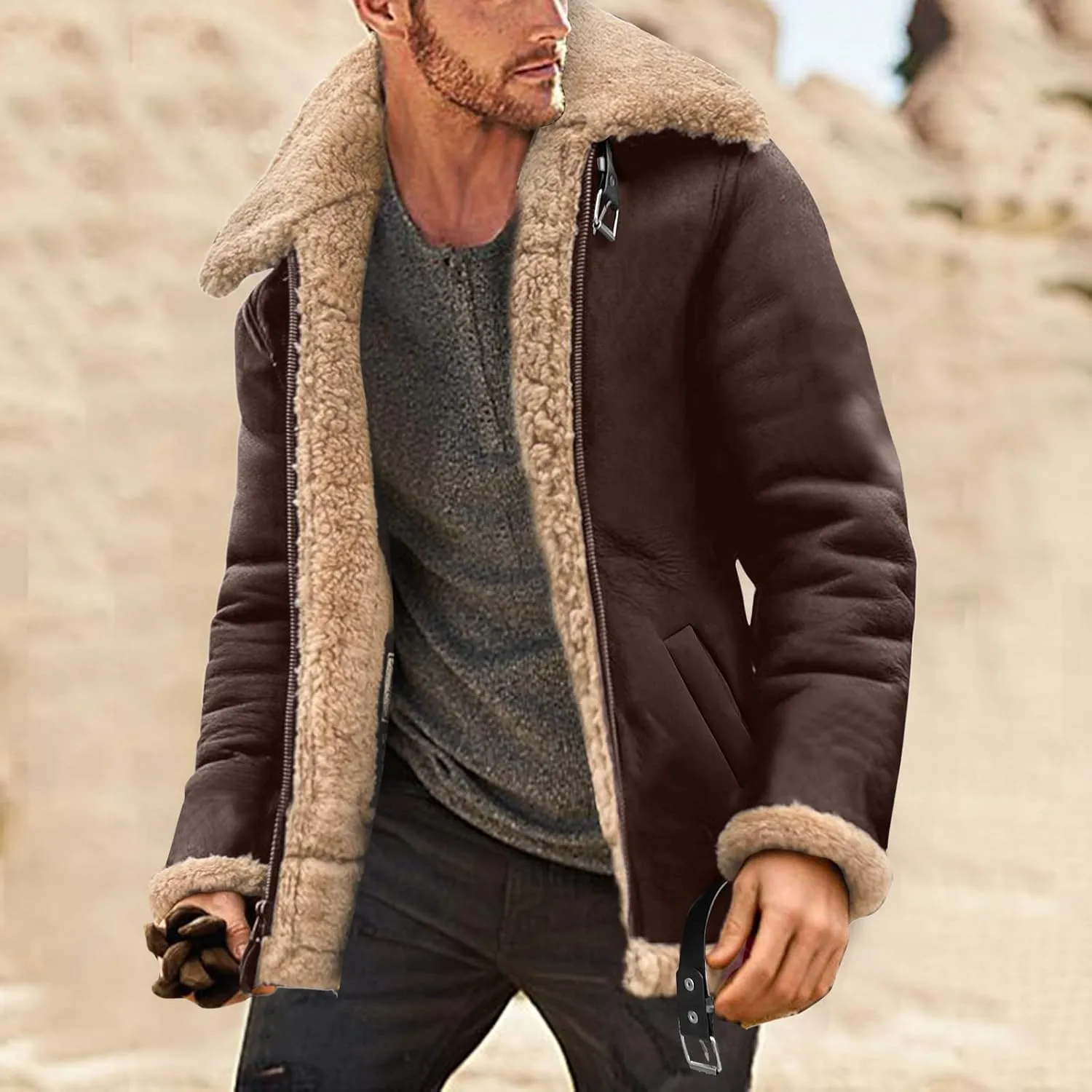 QWENTMTNTY Mens Faux Leather Jacket Faux Sheepskin Shearling Bomber Jackets Fur Collar Thermal Casual Sherpa Winter Coats