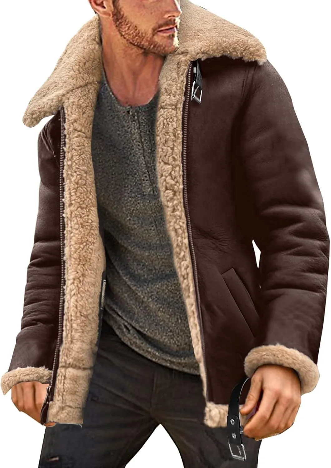 QWENTMTNTY Mens Faux Leather Jacket Faux Sheepskin Shearling Bomber Jackets Fur Collar Thermal Casual Sherpa Winter Coats