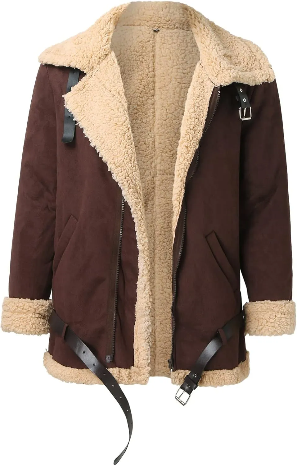 QWENTMTNTY Mens Faux Leather Jacket Faux Sheepskin Shearling Bomber Jackets Fur Collar Thermal Casual Sherpa Winter Coats