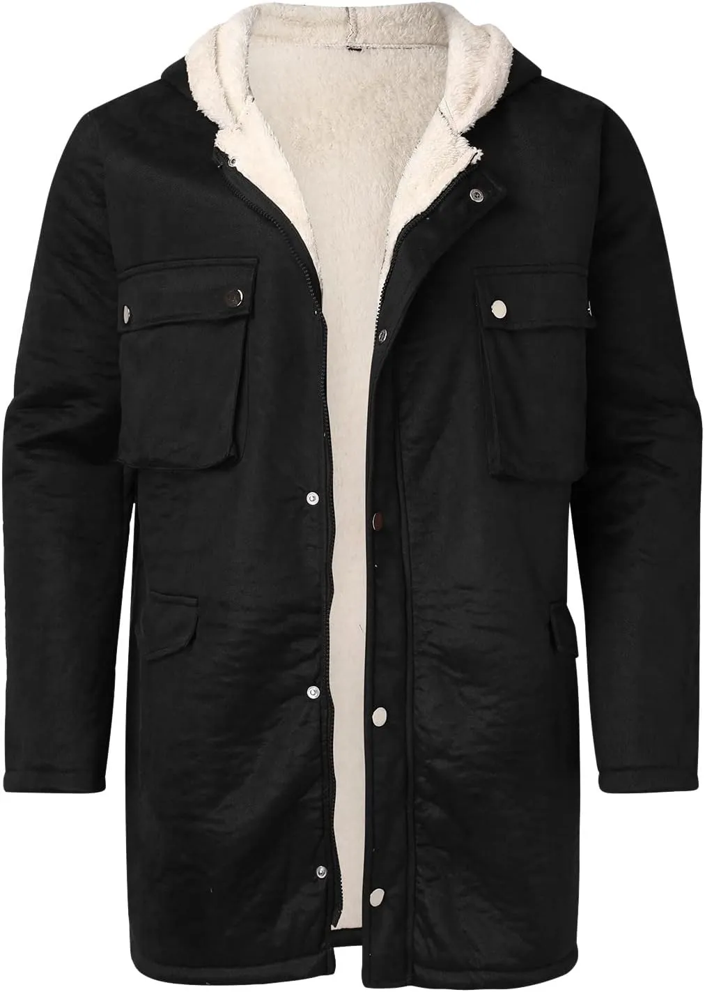 QWENTMTNTY Men’S Faux Suede Leather Shearling Coat Faux Fur Lined Hooded Winter Jackets Warm Thicken Overcoat Windbreaker