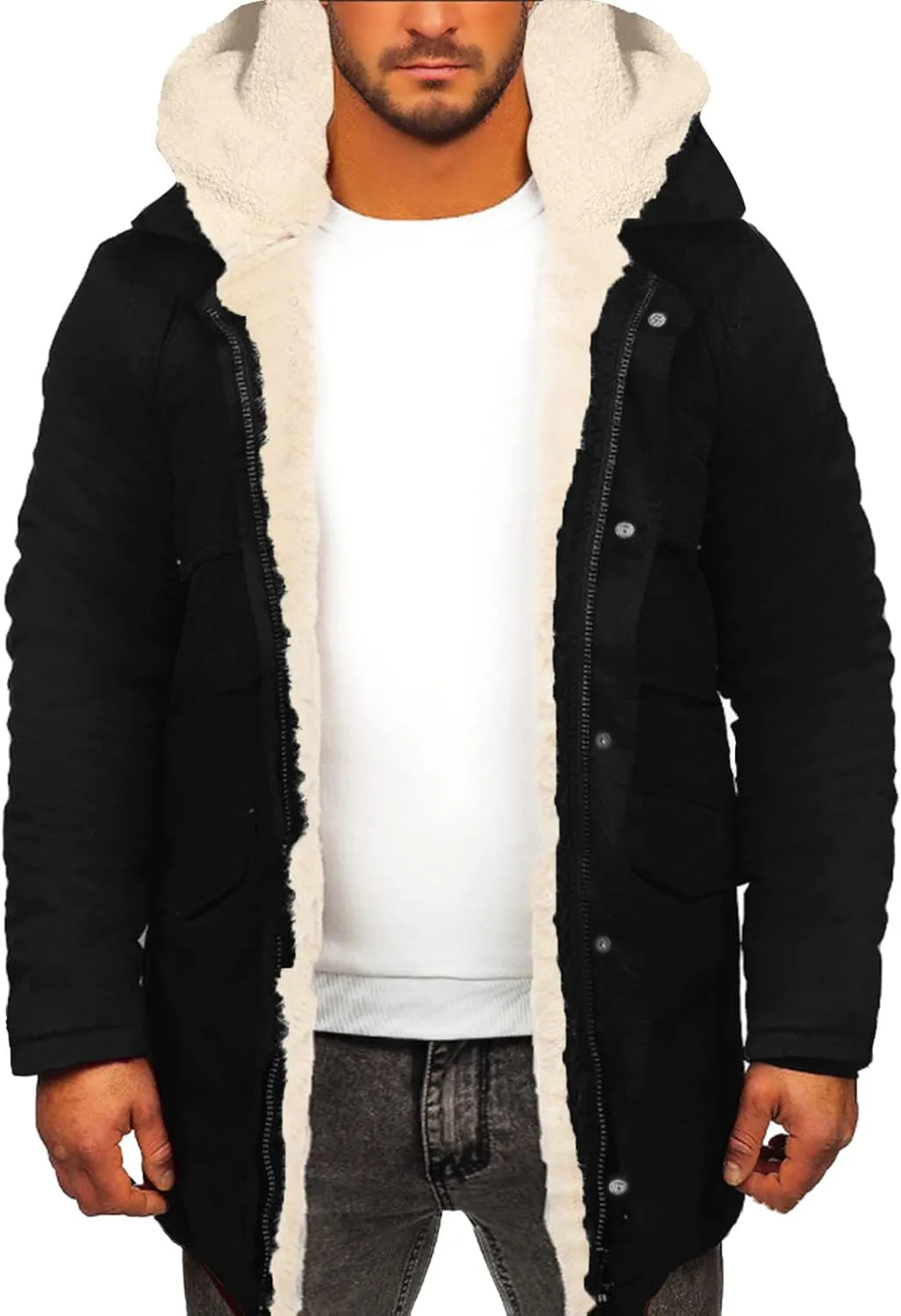 QWENTMTNTY Men’S Faux Suede Leather Shearling Coat Faux Fur Lined Hooded Winter Jackets Warm Thicken Overcoat Windbreaker