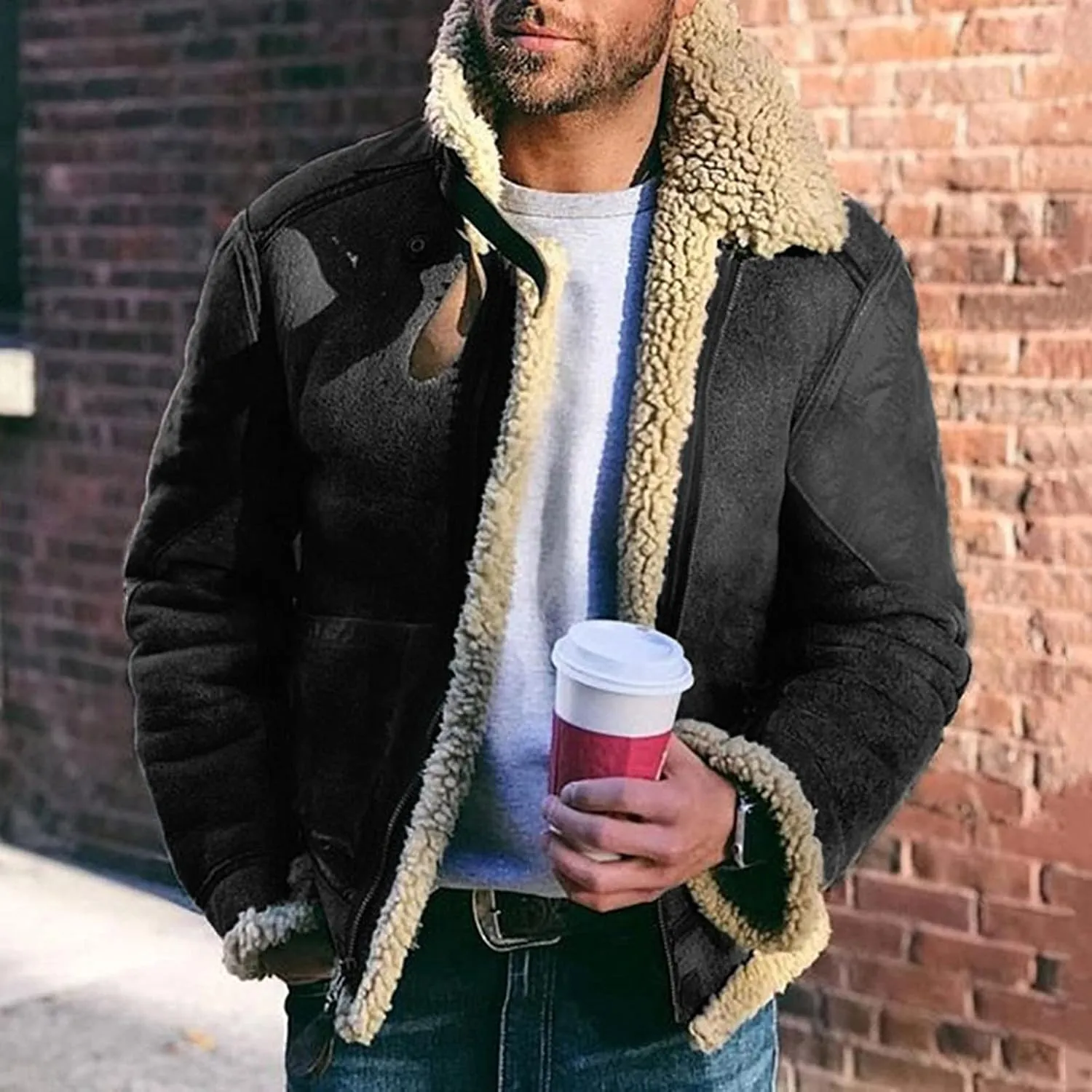 QWENTMTNTY Mens Sherpa Faux Suede Jacket Men Vintage Heavyweight Faux Shearing Coat Big Tall Casual Stylish Winter Jackets