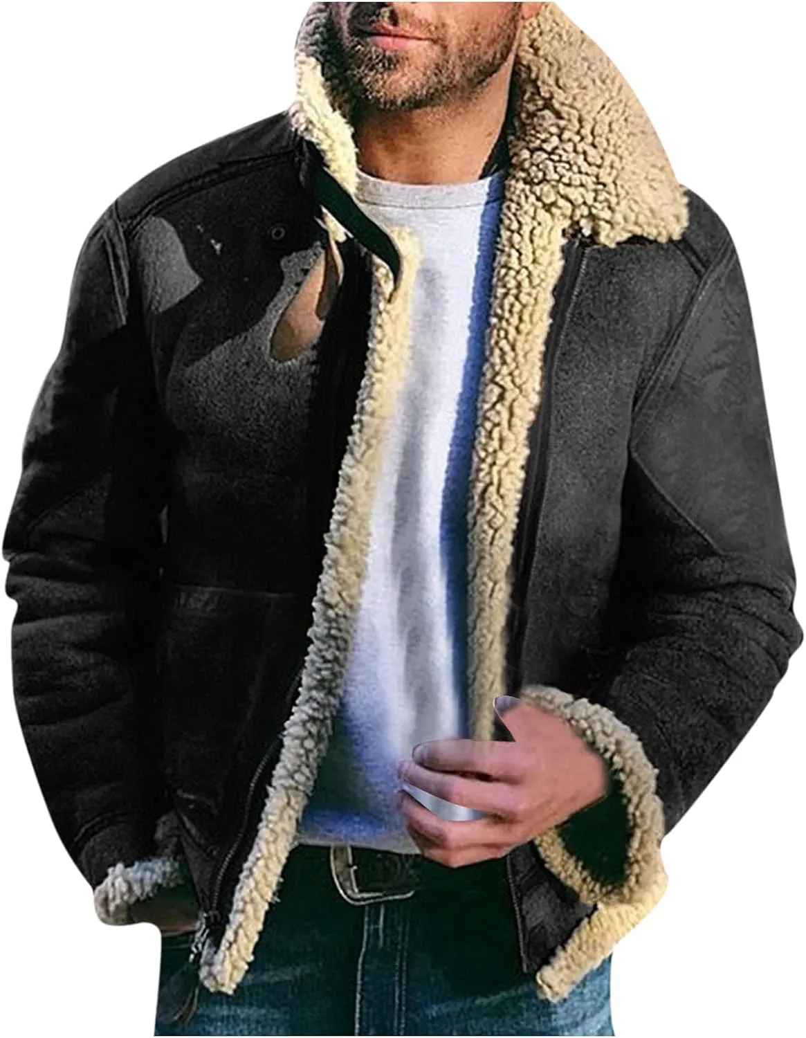 QWENTMTNTY Mens Sherpa Faux Suede Jacket Men Vintage Heavyweight Faux Shearing Coat Big Tall Casual Stylish Winter Jackets