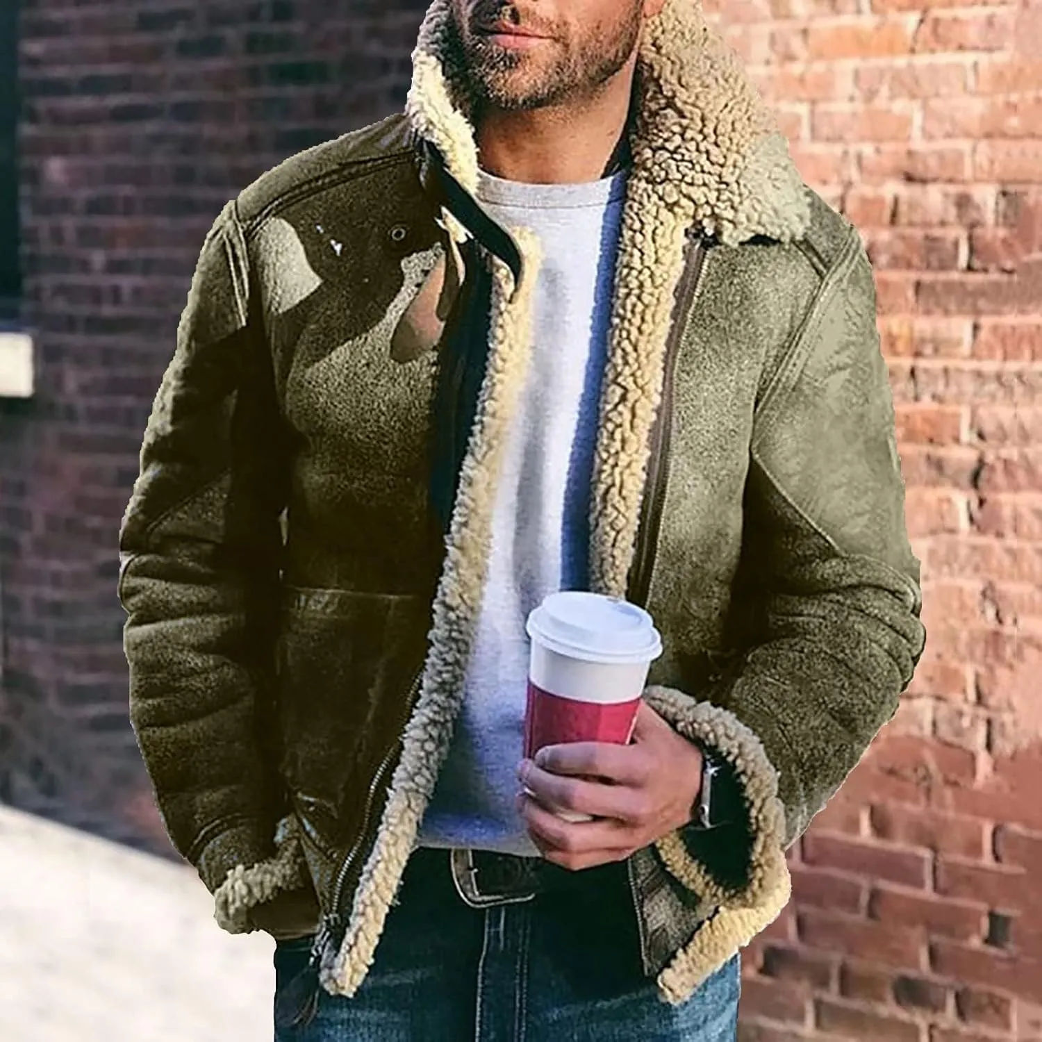 Sherpa Lined Jacket Men Faux Leather Fuzzy Fleece Bomber Jack Mens Winter Heavyweight Suede Faux Fur Trench Coat