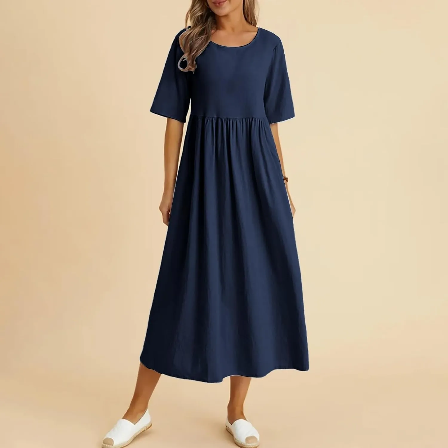 Summer Cotton Dress for Women 2025 Linen Short Sleeve Pleated A-Line Dresses Flowy Swing Casual T-Shirt Sundress