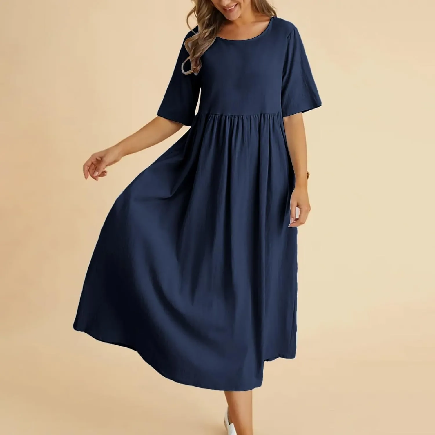 Summer Cotton Dress for Women 2025 Linen Short Sleeve Pleated A-Line Dresses Flowy Swing Casual T-Shirt Sundress