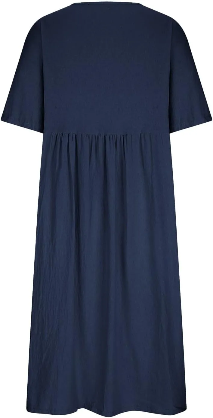 Summer Cotton Dress for Women 2025 Linen Short Sleeve Pleated A-Line Dresses Flowy Swing Casual T-Shirt Sundress