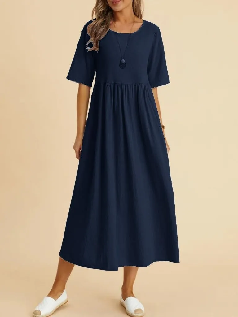 Summer Cotton Dress for Women 2025 Linen Short Sleeve Pleated A-Line Dresses Flowy Swing Casual T-Shirt Sundress