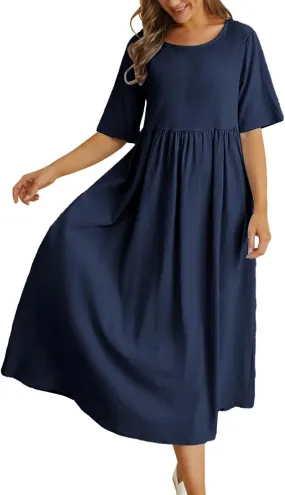 Summer Cotton Dress for Women 2025 Linen Short Sleeve Pleated A-Line Dresses Flowy Swing Casual T-Shirt Sundress