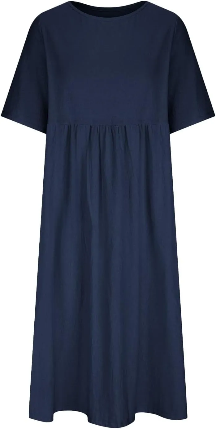 Summer Cotton Dress for Women 2025 Linen Short Sleeve Pleated A-Line Dresses Flowy Swing Casual T-Shirt Sundress