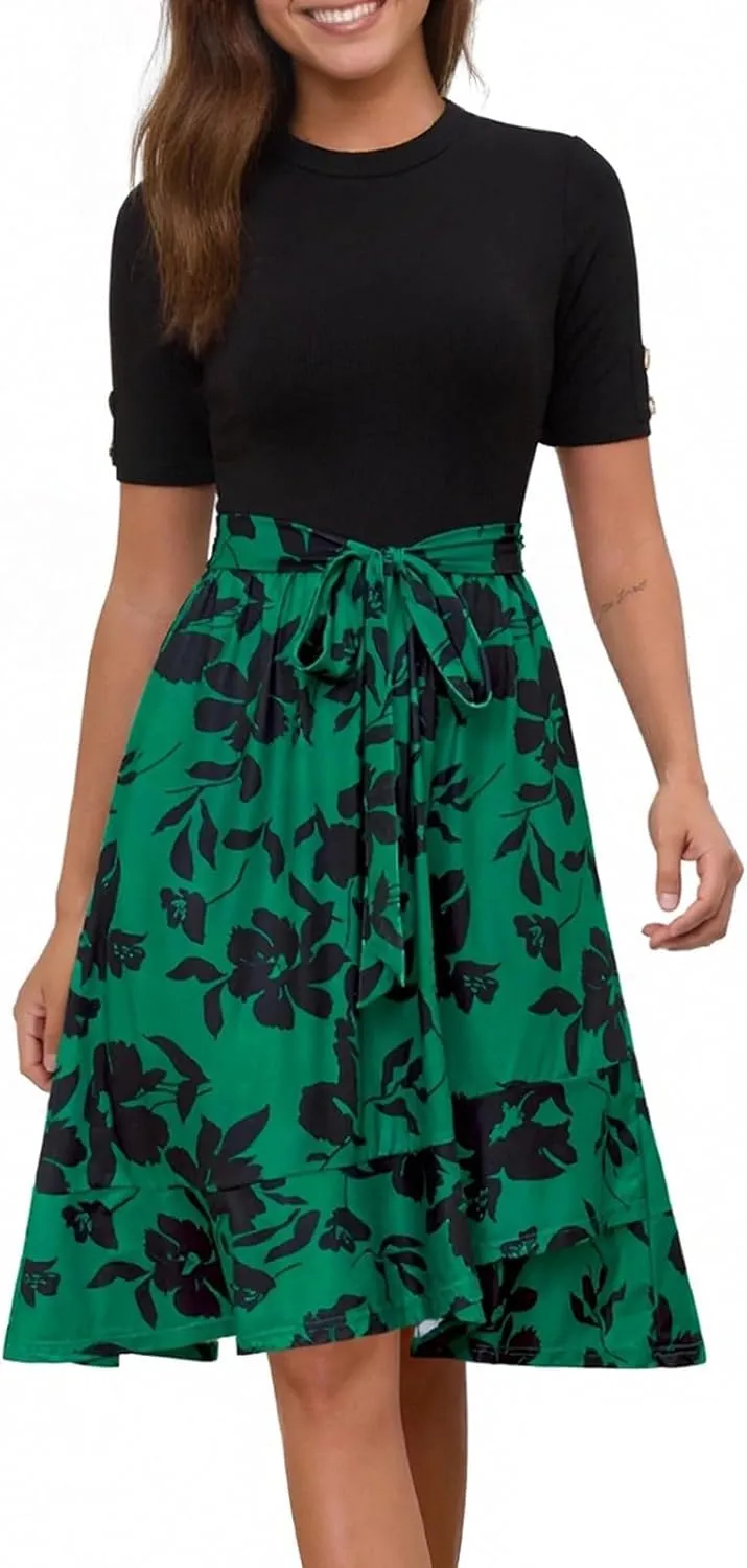 Summer Dresses for Women 2025 Crewneck Short Sleeve Floral Formal Dress Casual Midi Wedding Guest Dress with Belt
