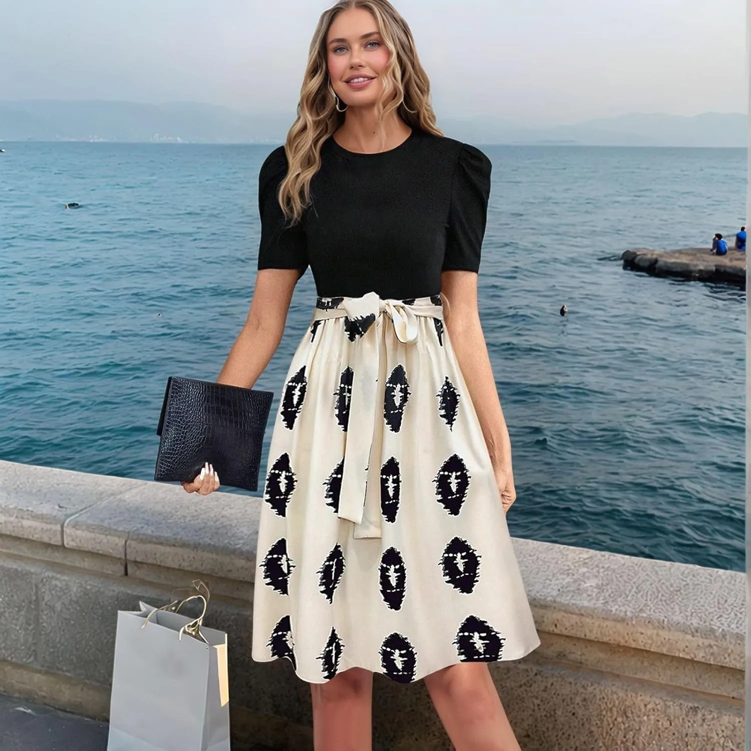 Summer Dresses for Women 2025 Crewneck Short Sleeve Floral Formal Dress Casual Midi Wedding Guest Dress with Belt