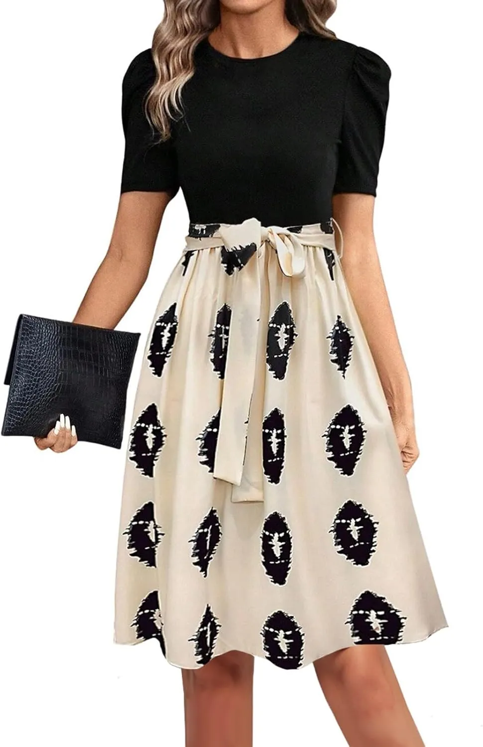 Summer Dresses for Women 2025 Crewneck Short Sleeve Floral Formal Dress Casual Midi Wedding Guest Dress with Belt