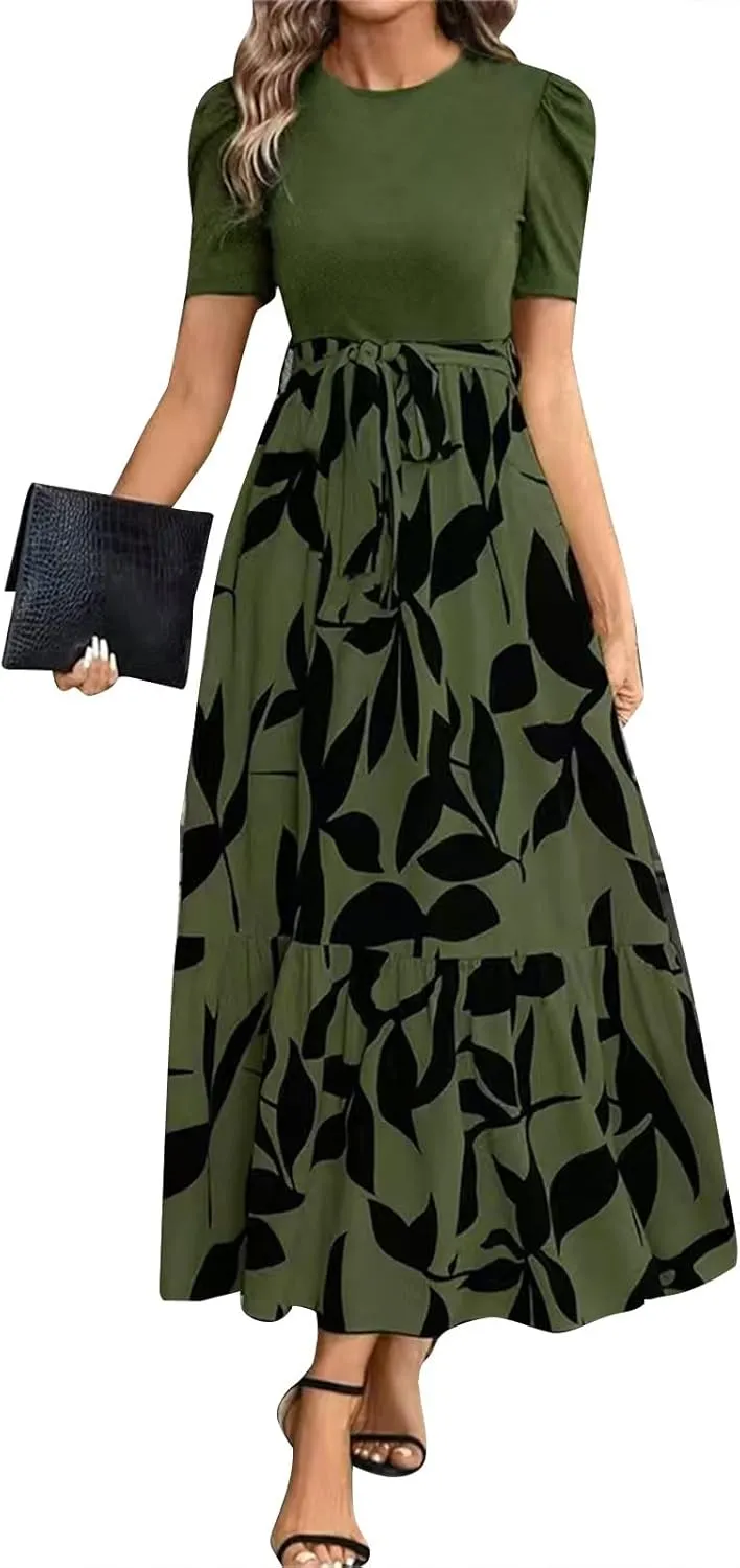 Summer Dresses for Women 2025 Maxi Dress Ruffle Short Sleeve Casual Floral Print Empire Waist Long Flowy Dresses