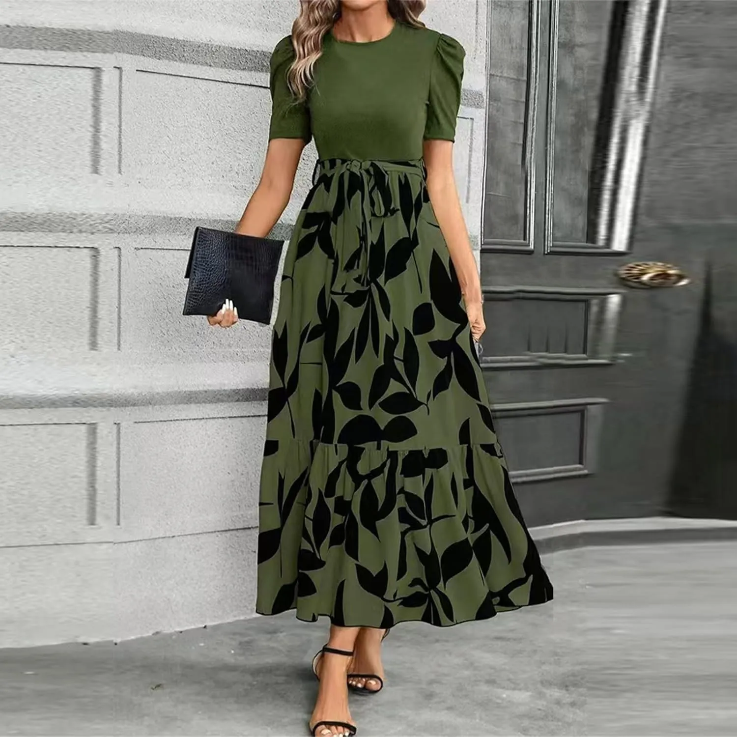 Summer Dresses for Women 2025 Maxi Dress Ruffle Short Sleeve Casual Floral Print Empire Waist Long Flowy Dresses