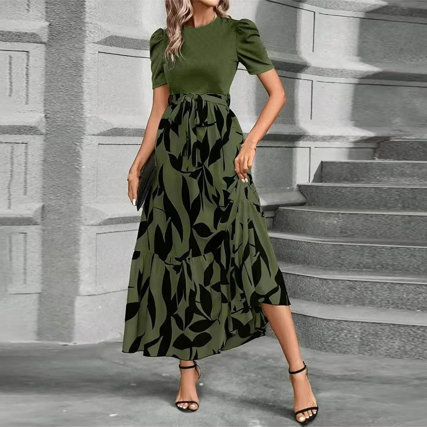 Summer Dresses for Women 2025 Maxi Dress Ruffle Short Sleeve Casual Floral Print Empire Waist Long Flowy Dresses
