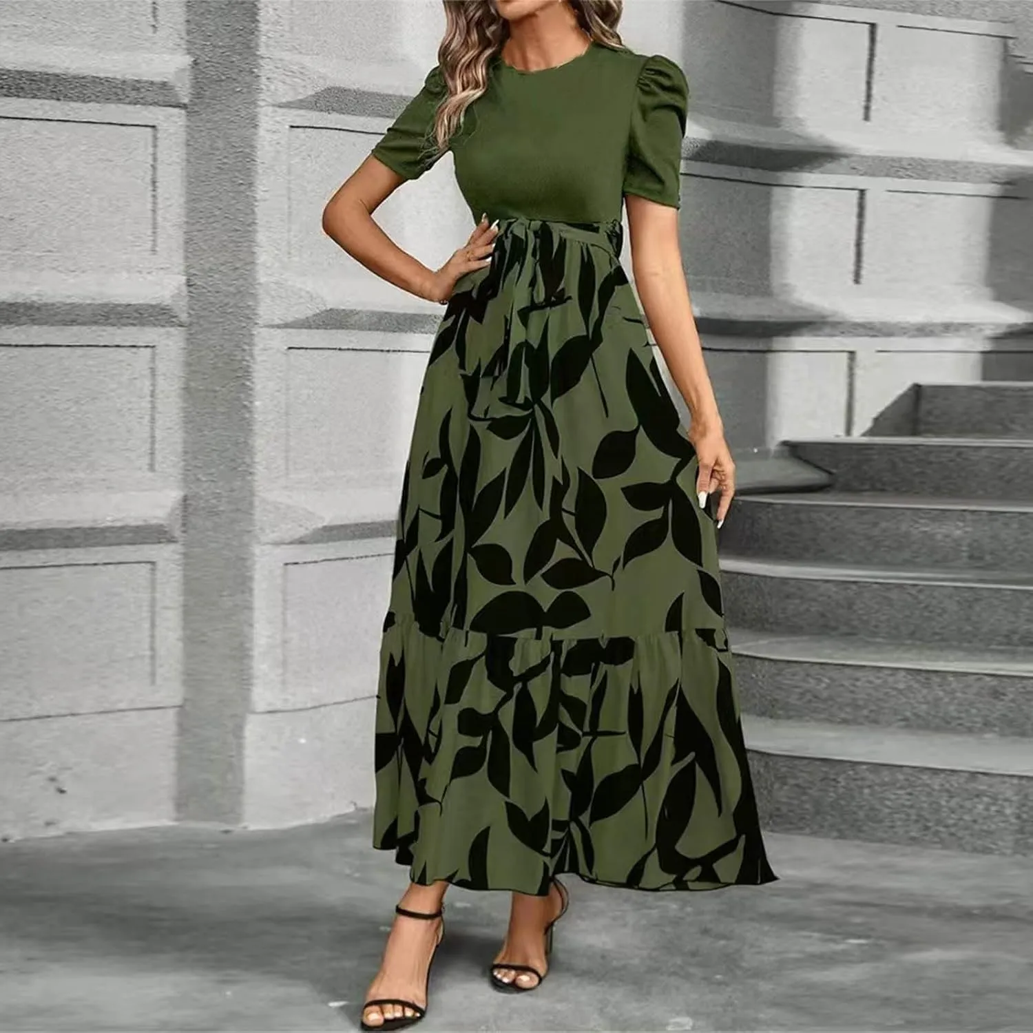 Summer Dresses for Women 2025 Maxi Dress Ruffle Short Sleeve Casual Floral Print Empire Waist Long Flowy Dresses