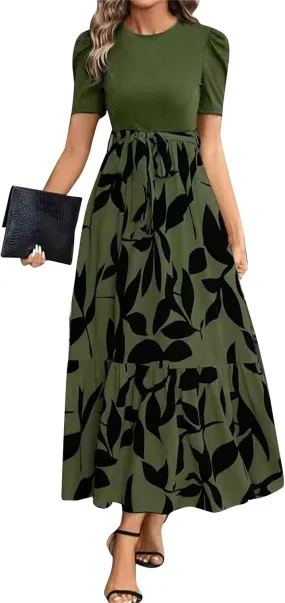 Summer Dresses for Women 2025 Maxi Dress Ruffle Short Sleeve Casual Floral Print Empire Waist Long Flowy Dresses