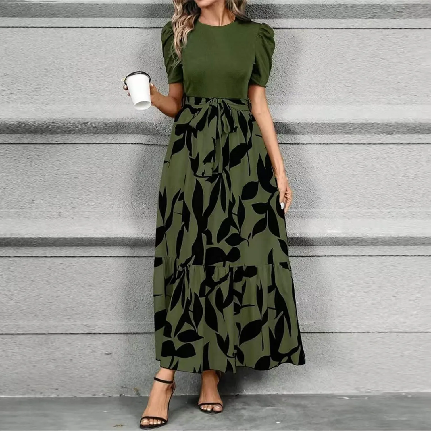 Summer Dresses for Women 2025 Maxi Dress Ruffle Short Sleeve Casual Floral Print Empire Waist Long Flowy Dresses