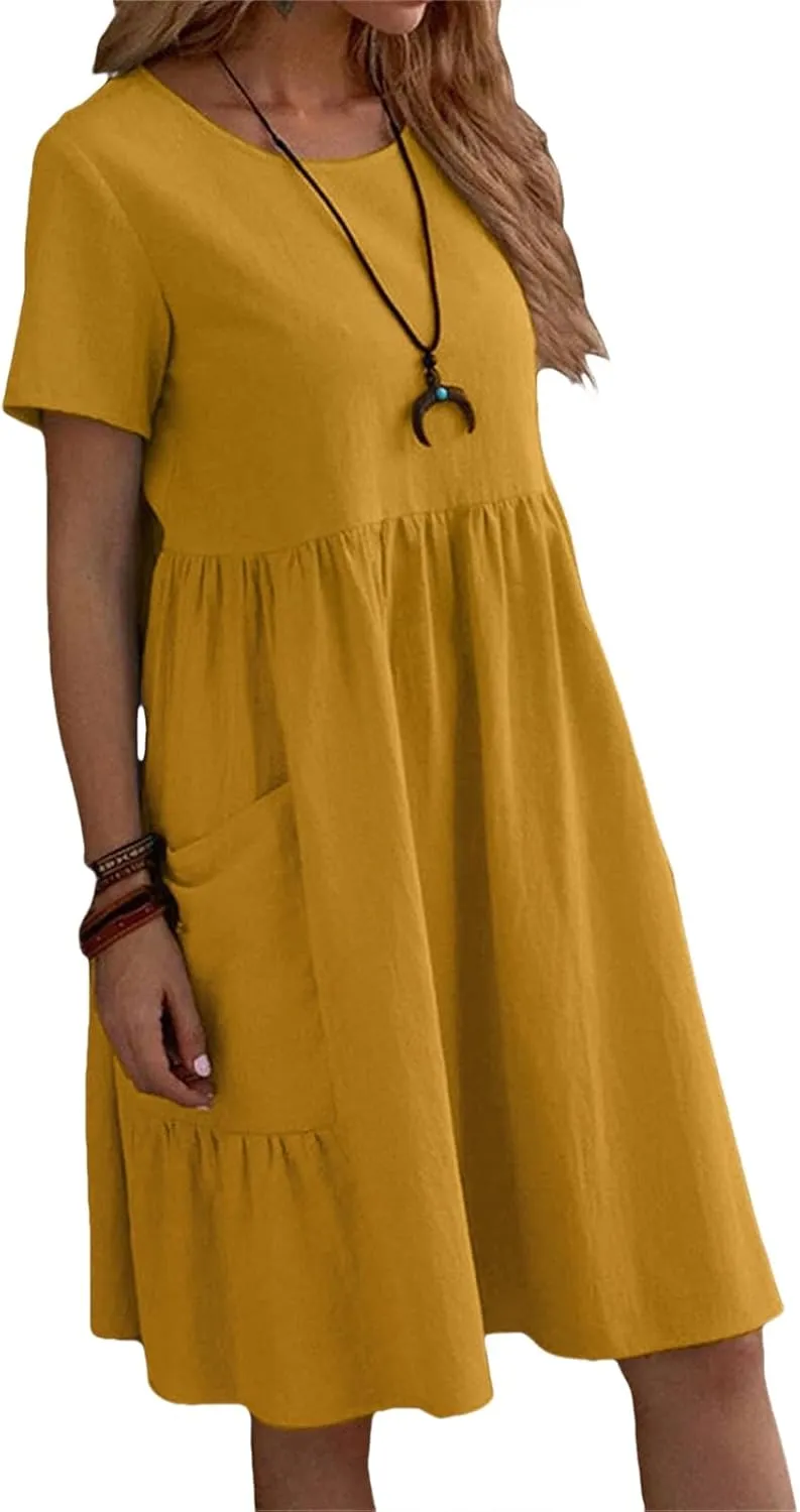 Summer Dresses for Women Cotton Linen Midi Dress Casual Short Sleeve T Shirt Dress Flowy Beach Sundress with Pockets
