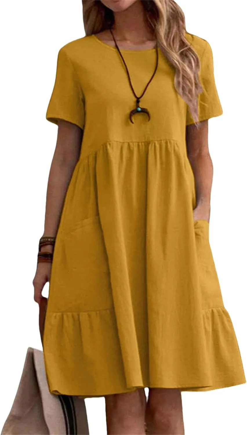 Summer Dresses for Women Cotton Linen Midi Dress Casual Short Sleeve T Shirt Dress Flowy Beach Sundress with Pockets