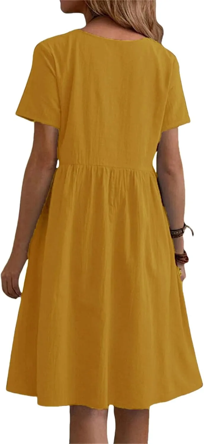 Summer Dresses for Women Cotton Linen Midi Dress Casual Short Sleeve T Shirt Dress Flowy Beach Sundress with Pockets