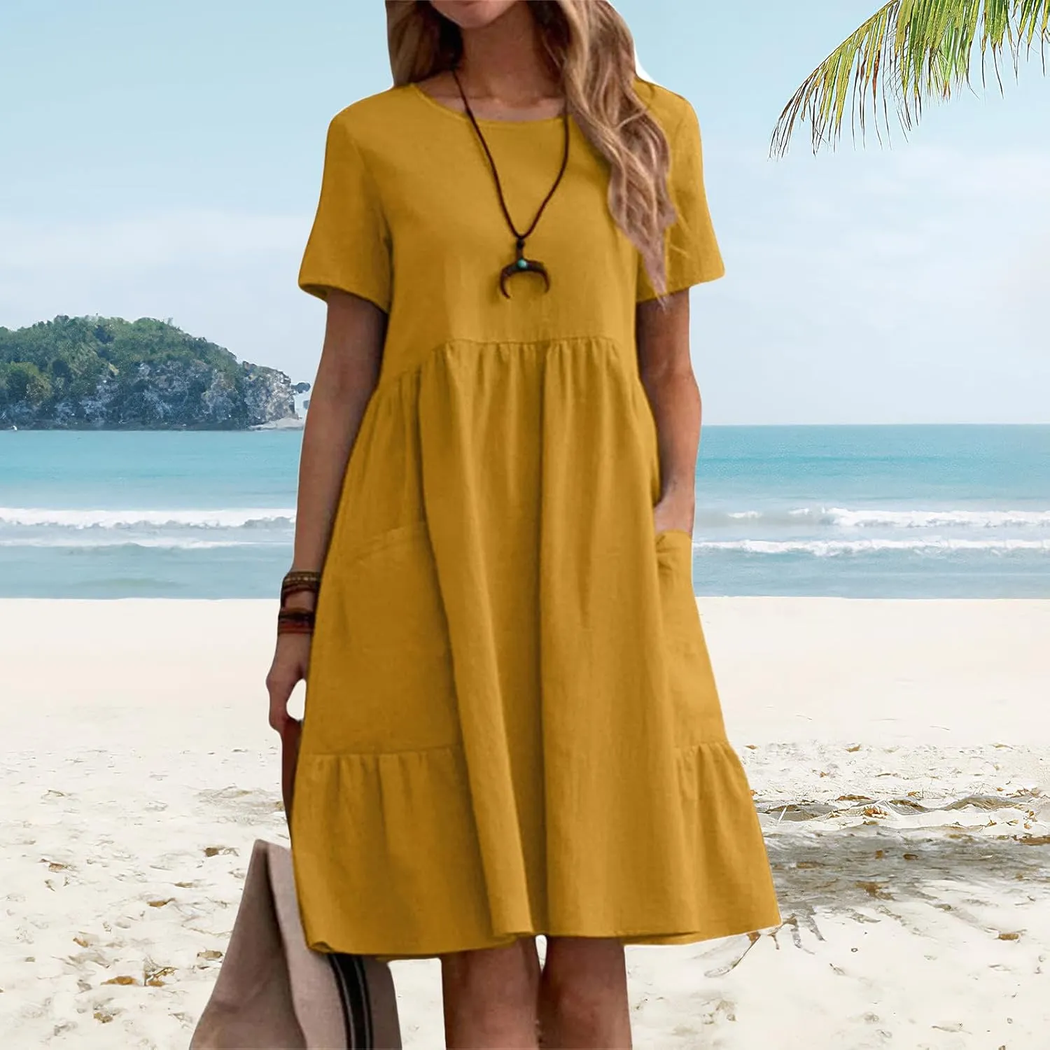 Summer Dresses for Women Cotton Linen Midi Dress Casual Short Sleeve T Shirt Dress Flowy Beach Sundress with Pockets