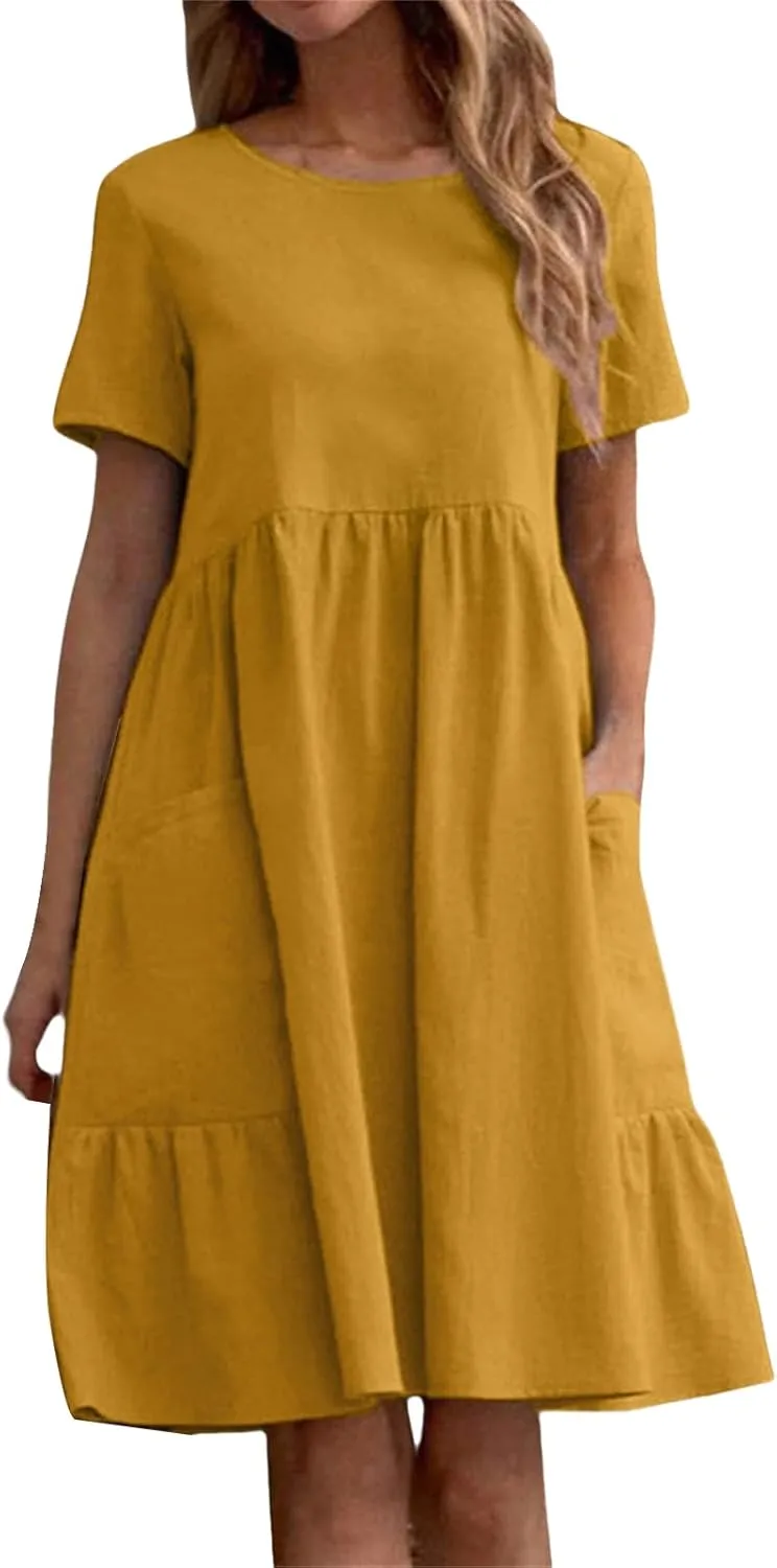 Summer Dresses for Women Cotton Linen Midi Dress Casual Short Sleeve T Shirt Dress Flowy Beach Sundress with Pockets