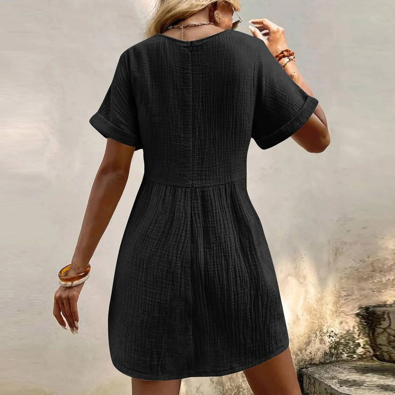 Summer Linen Dresses for Women 2024 Casual v Neck Knee Length Sundresses with Sleeve Comfy Summer Vacation Dresses