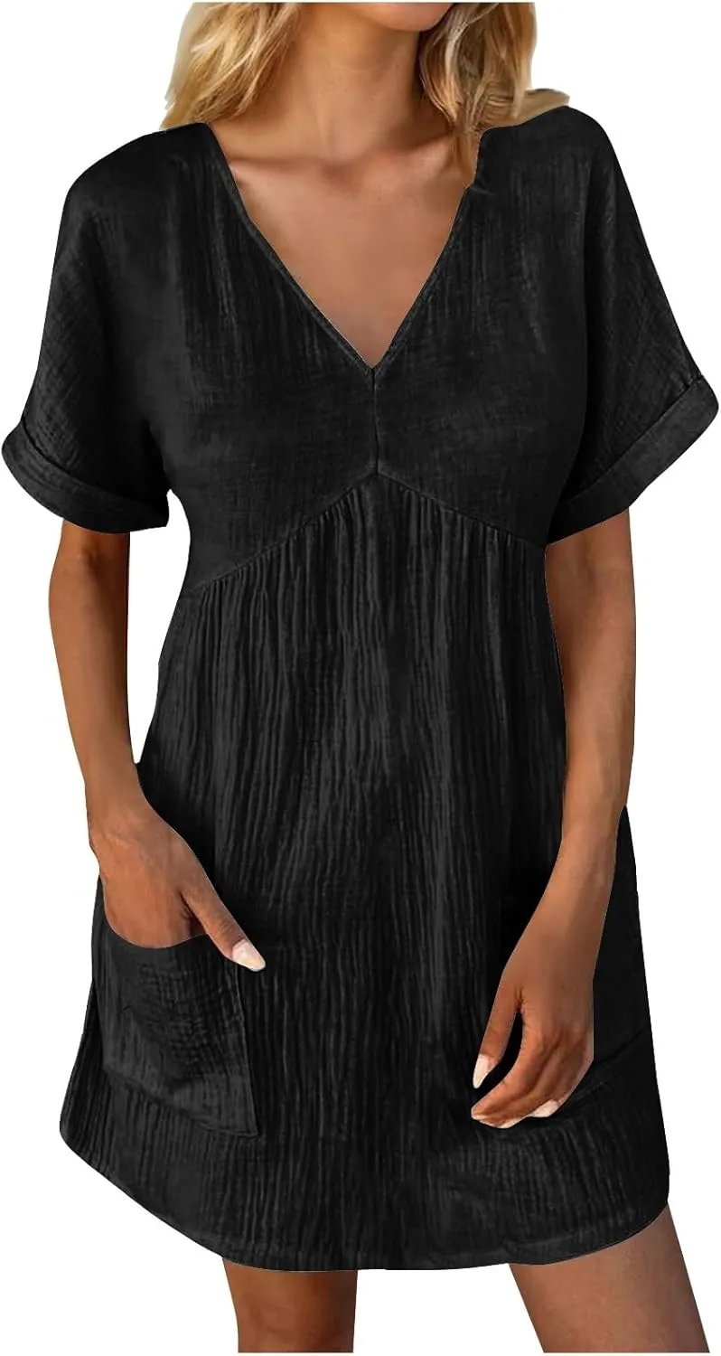 Summer Linen Dresses for Women 2024 Casual v Neck Knee Length Sundresses with Sleeve Comfy Summer Vacation Dresses