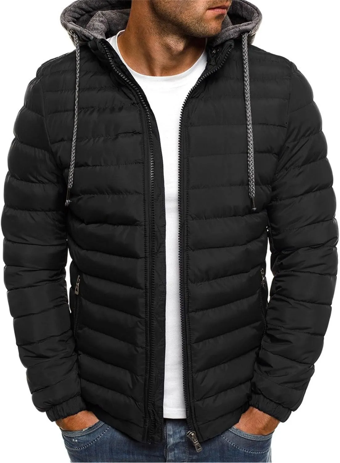 Thatrich Lightweight Puffer Jacket Men Hooded Puffy Jackets Warm Padded Coats Full Zip Quilted Shacket Outdoor Coat Outwears