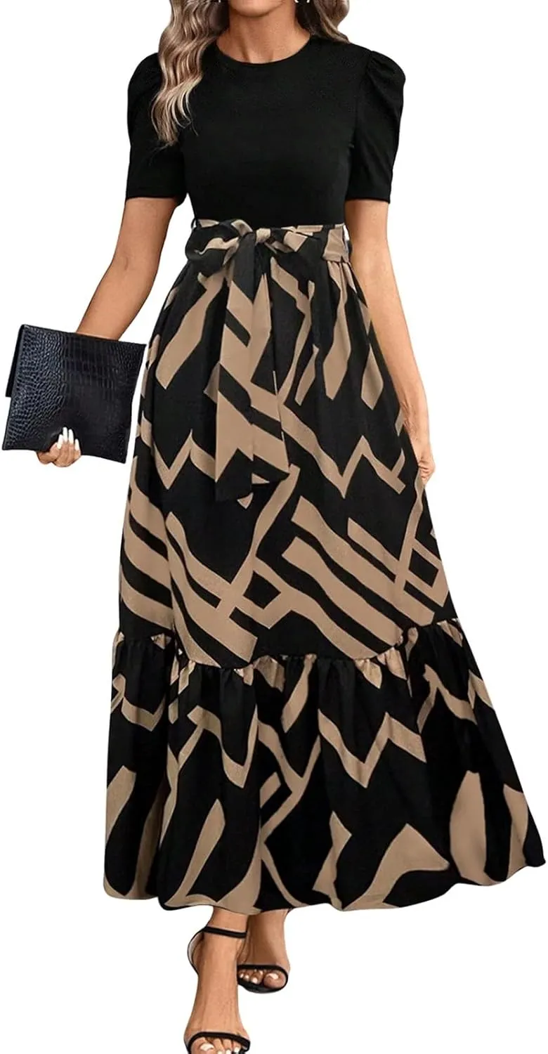 Wedding Guest Dresses for Women Summer Short Sleeve Floral Long Dress Elegant Party Cocktail A Line Flowy Maxi Dress