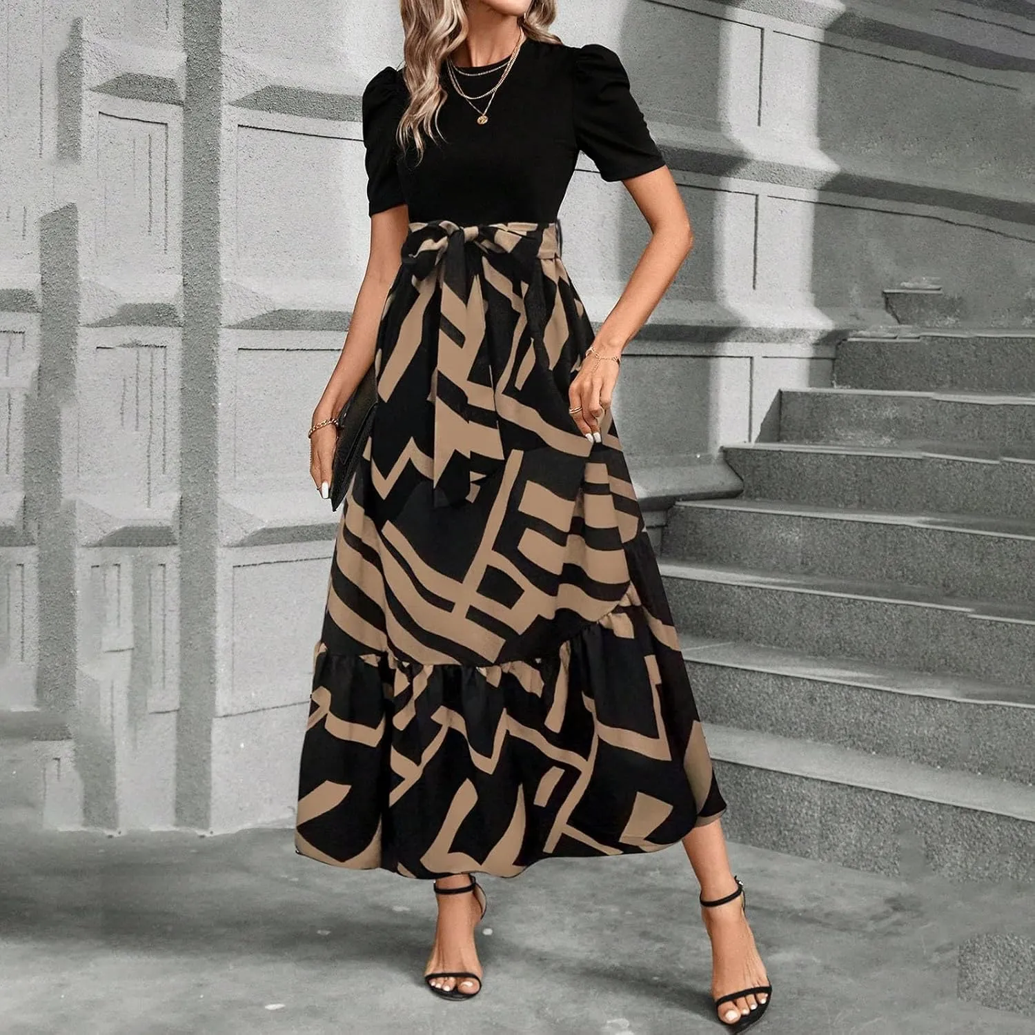 Wedding Guest Dresses for Women Summer Short Sleeve Floral Long Dress Elegant Party Cocktail A Line Flowy Maxi Dress