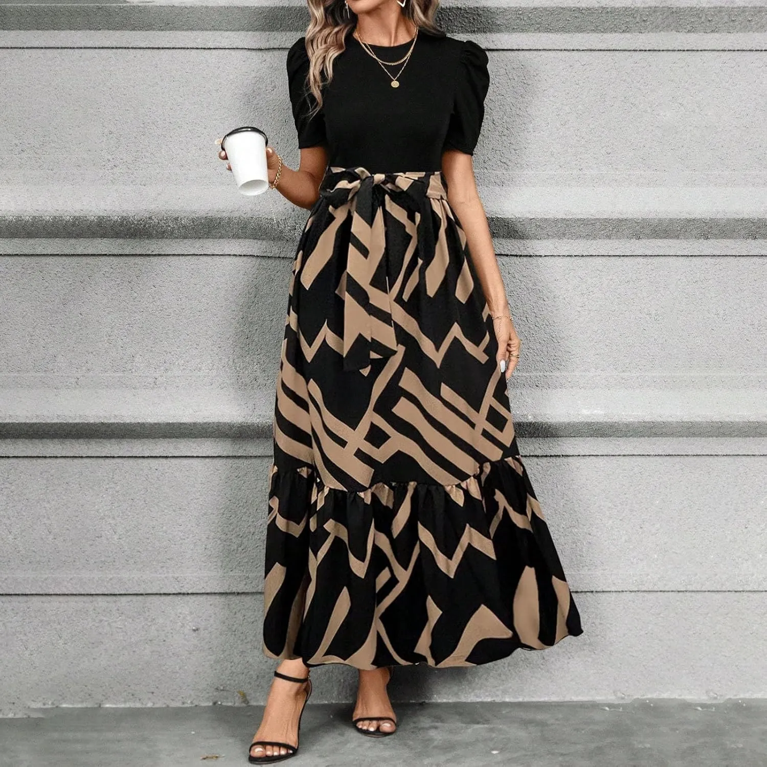 Wedding Guest Dresses for Women Summer Short Sleeve Floral Long Dress Elegant Party Cocktail A Line Flowy Maxi Dress