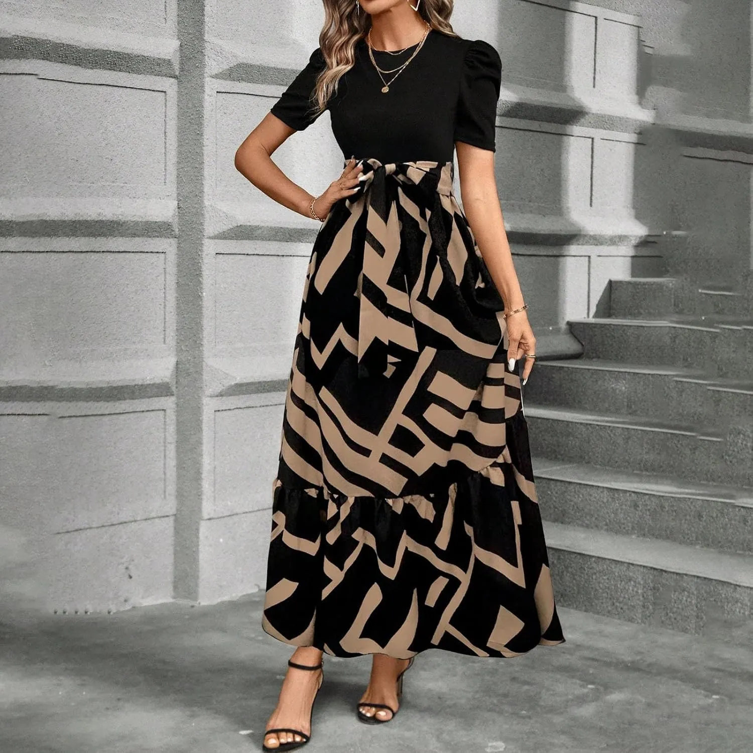 Wedding Guest Dresses for Women Summer Short Sleeve Floral Long Dress Elegant Party Cocktail A Line Flowy Maxi Dress